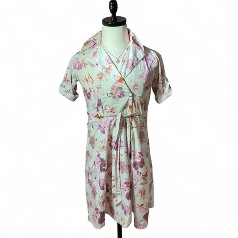 Nine Floral Print Shirt Dress Womens 4 White Purple Double Breasted Belted Retro